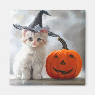 Vintage Halloween White Kitten and Jack-o'-lantern Magnet