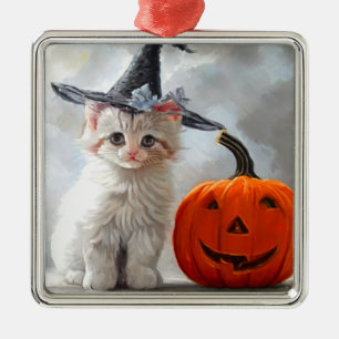 Vintage Halloween White Kitten and Jack-o'-lantern Metal Tree Decoration