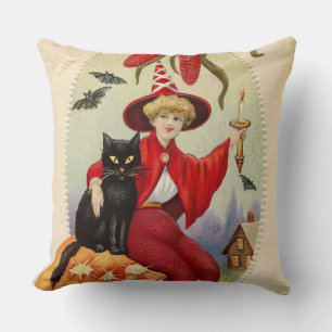 Vintage Halloween Witch and Black Cat Cushion