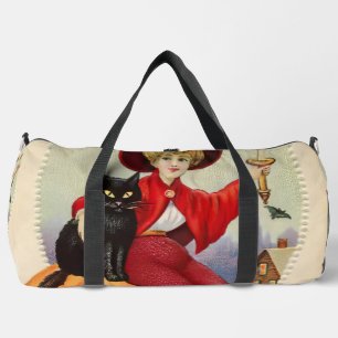 Vintage Halloween Witch and Black Cat Duffle Bag