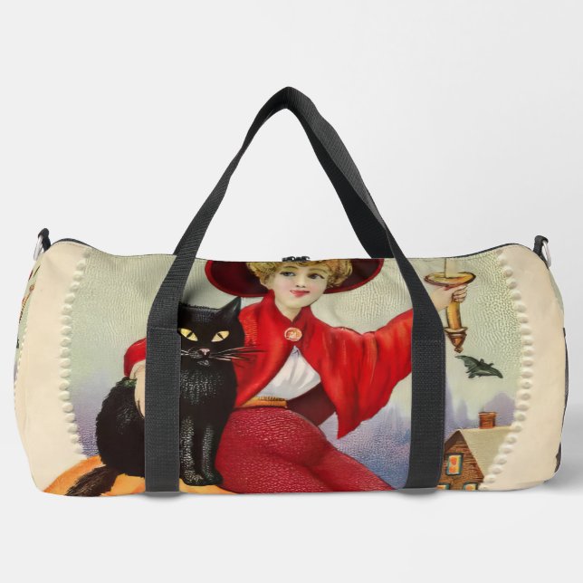 Vintage Halloween Witch and Black Cat Duffle Bag (Front)