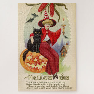 Vintage Halloween Witch and Black Cat Jigsaw Puzzle