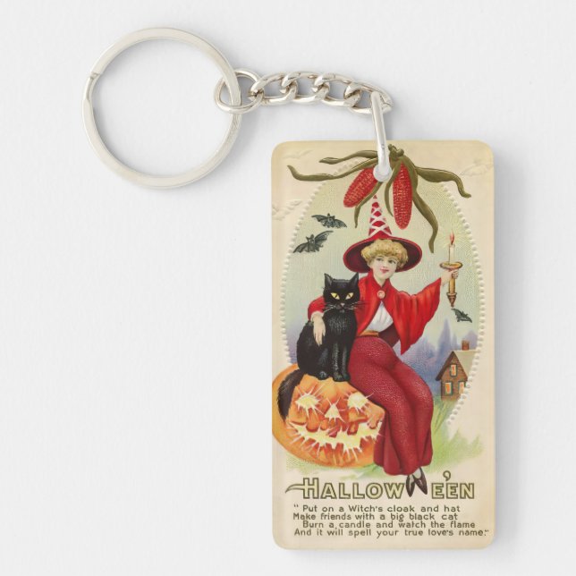 Vintage Halloween Witch and Black Cat Key Ring (Front)