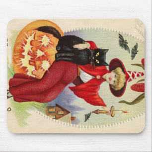 Vintage Halloween Witch and Black Cat Mouse Pad