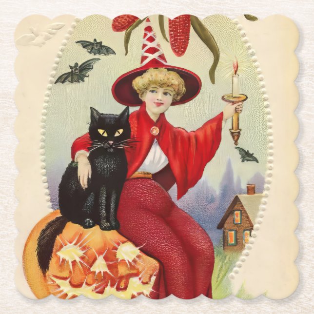 Vintage Halloween Witch and Black Cat Paper Coaster (Front)