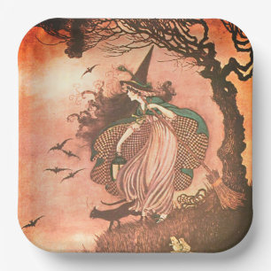 Vintage Halloween Witch and Black Cat Paper Plate