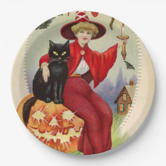 Vintage Halloween Witch and Black Cat Paper Plate