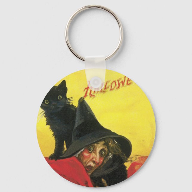 Vintage Halloween Witch and Cat Key Ring (Front)