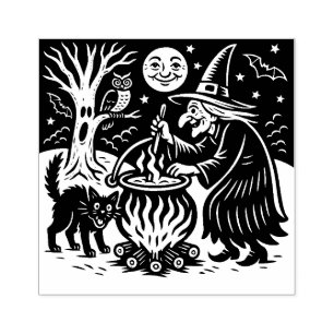 Vintage Halloween Witch and Cat Rubber Stamp