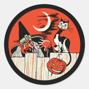 Vintage Halloween Witch and Cat Sticker