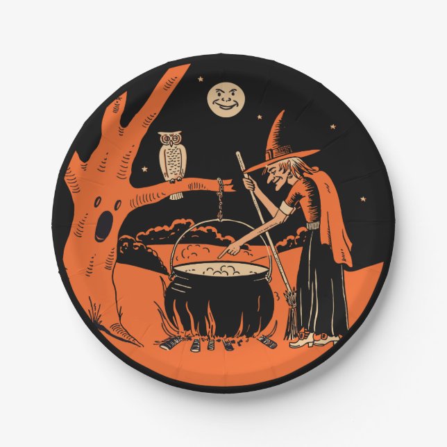 Vintage Halloween Witch and Cauldron Paper Plate (Front)