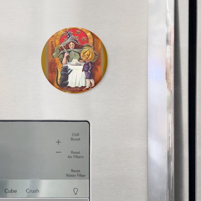 Vintage Halloween Witch and Pumpkin Head Boy Magnet (In Situ (Fridge))