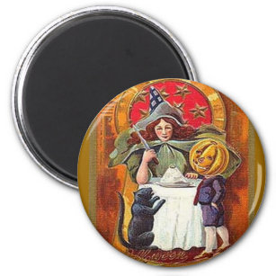 Vintage Halloween Witch and Pumpkin Head Boy Magnet