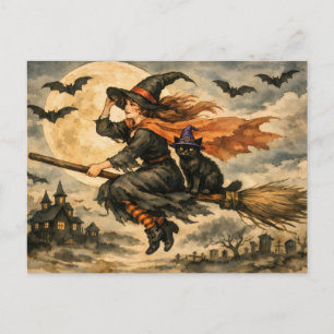 Vintage Halloween Witch, Black Cat on the Broom  Holiday Postcard