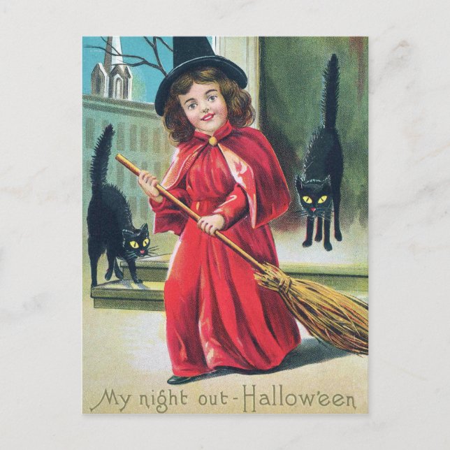 Vintage Halloween witch black cats postcard (Front)