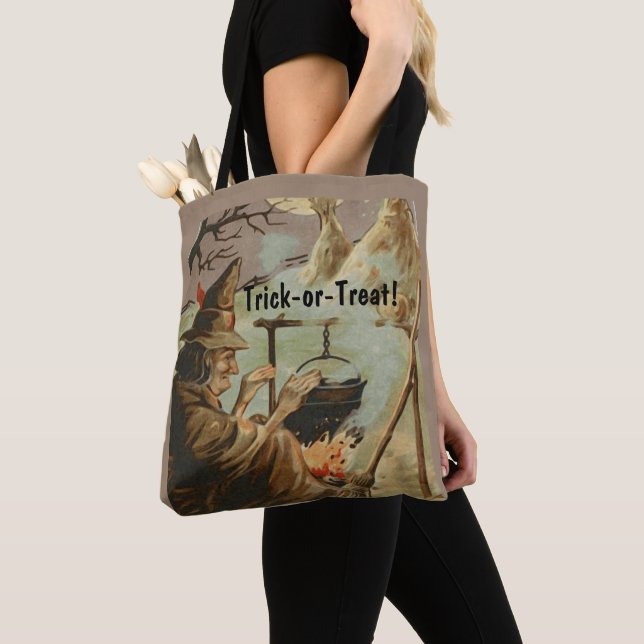 Vintage Halloween Witch Brew in Cauldron Tote Bag (Close Up)