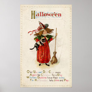 Vintage Halloween witch cat party decor poster