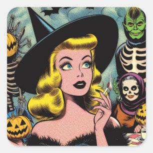 Vintage Halloween Witch Comics Square Sticker
