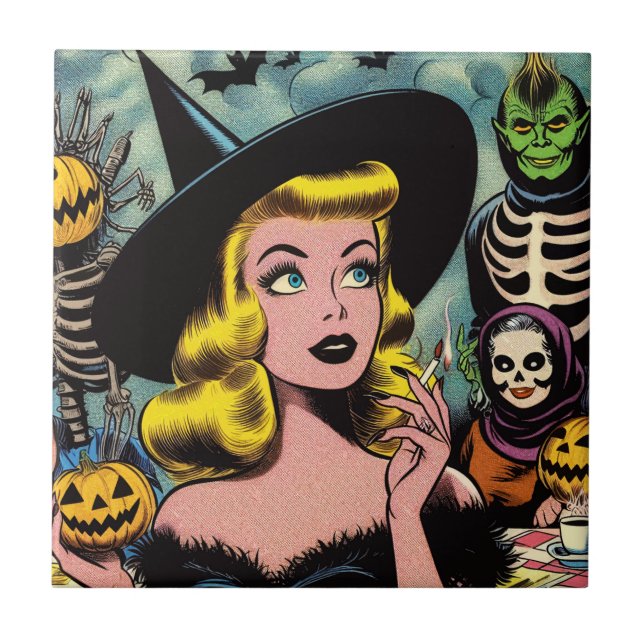 Vintage Halloween Witch Comics Tile (Front)