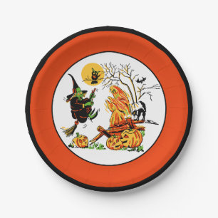 Vintage Halloween Witch & Ghost Paper Plate