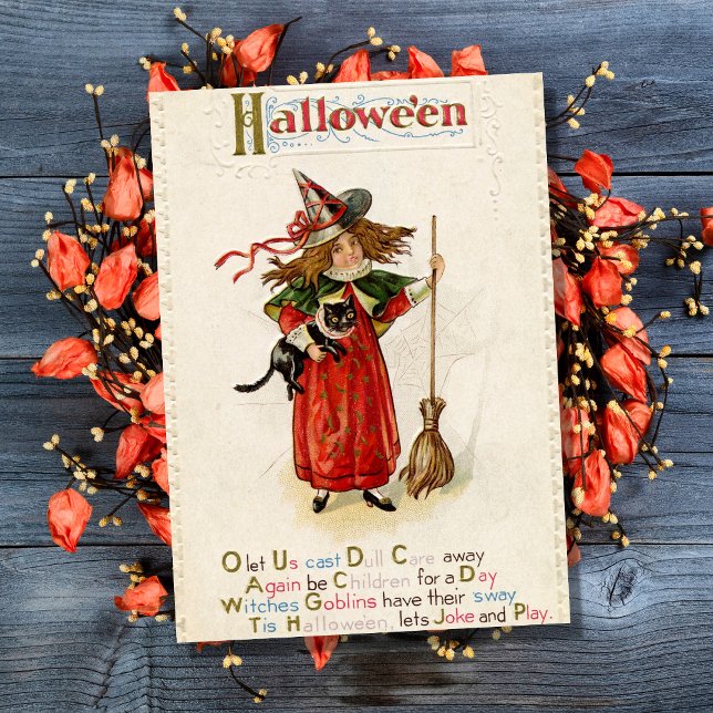 Vintage Halloween Witch Girl With Black Cat Card (Creator Uploaded)