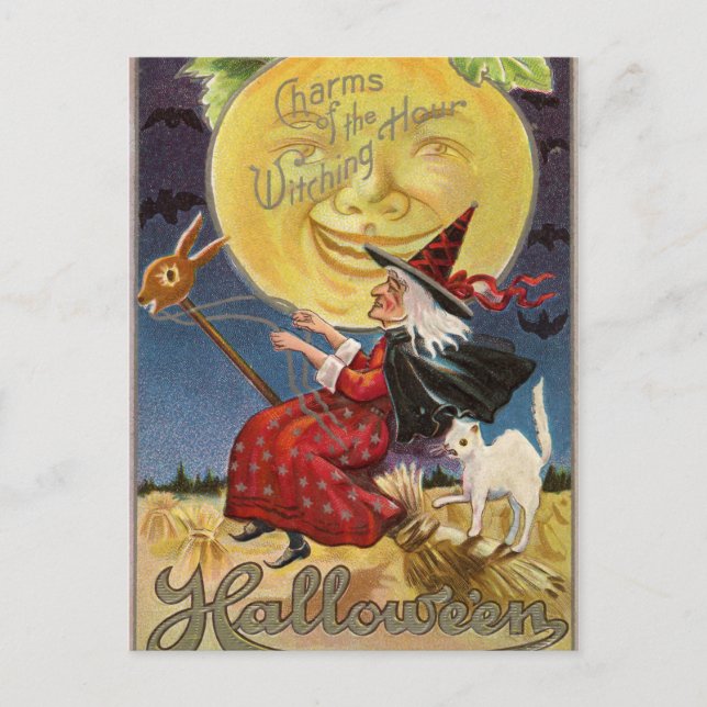 Vintage Halloween witch moon cat postcard (Front)