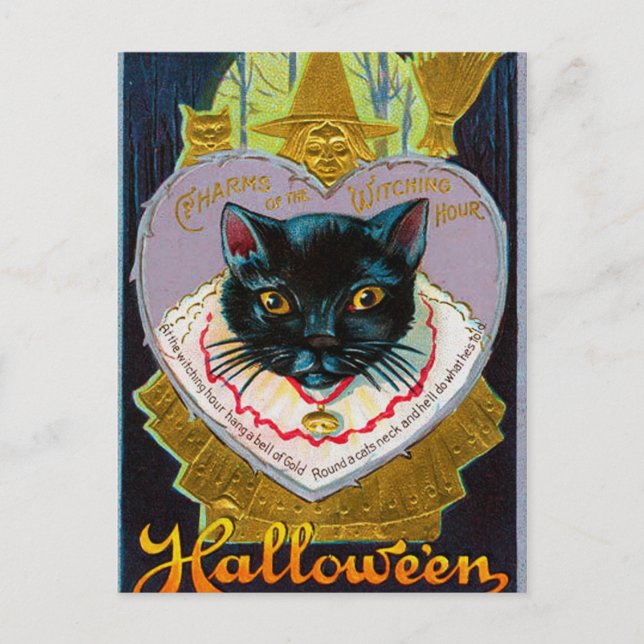 Vintage Halloween witch moon cat postcard (Front)