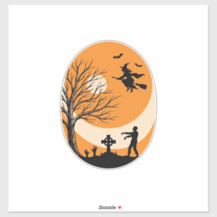 Vintage Halloween Witch Moon Graveyard Vector Desi