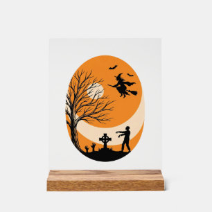 Vintage Halloween Witch Moon Graveyard Vector Desi Acrylic Sign