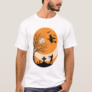 Vintage Halloween Witch Moon Graveyard Vector Desi T-Shirt