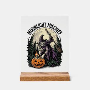 Vintage Halloween Witch Moonlight Mischief Graphic Acrylic Sign