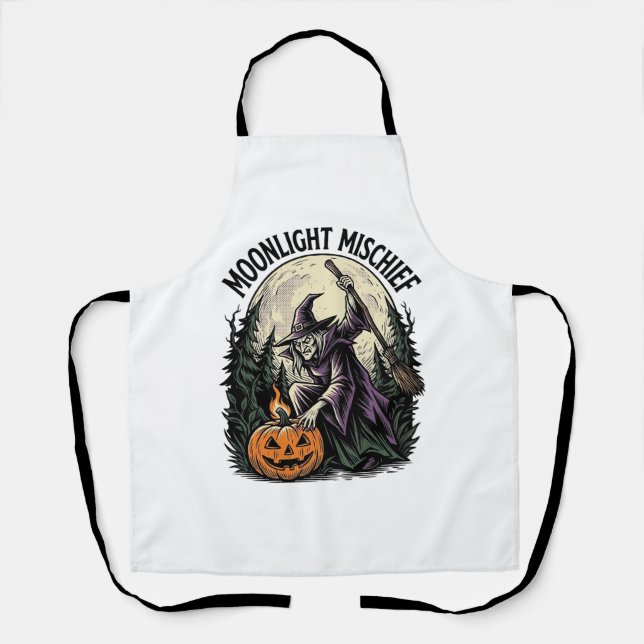 Vintage Halloween Witch Moonlight Mischief Graphic Apron (Front)