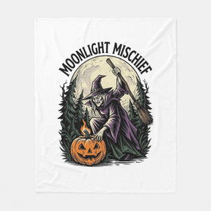 Vintage Halloween Witch Moonlight Mischief Graphic Fleece Blanket