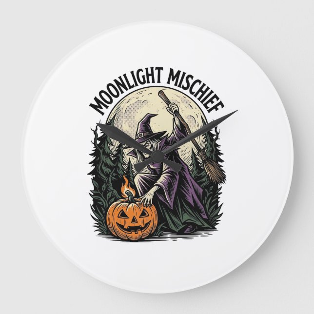 Vintage Halloween Witch Moonlight Mischief Graphic Large Clock (Front)