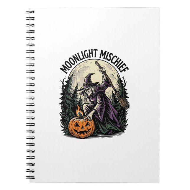Vintage Halloween Witch Moonlight Mischief Graphic Notebook (Front)