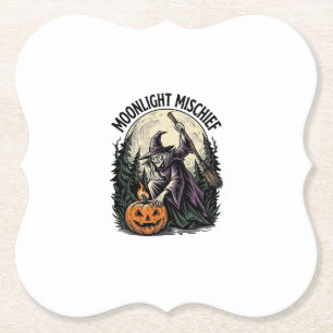 Vintage Halloween Witch Moonlight Mischief Graphic Paper Coaster