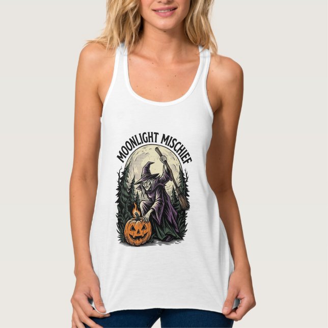 Vintage Halloween Witch Moonlight Mischief Graphic Singlet (Front)