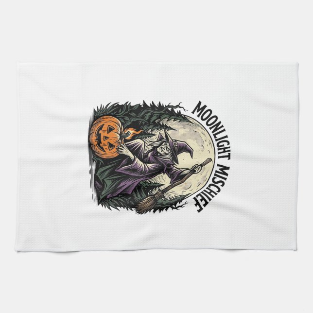 Vintage Halloween Witch Moonlight Mischief Graphic Tea Towel (Horizontal)