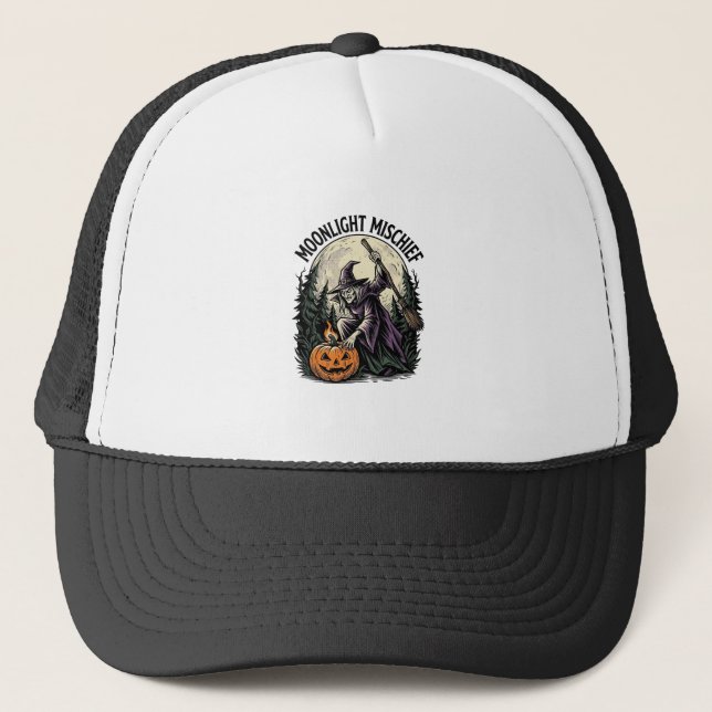 Vintage Halloween Witch Moonlight Mischief Graphic Trucker Hat (Front)