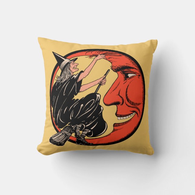 Vintage Halloween Witch on Her Broom Cushion (Front)