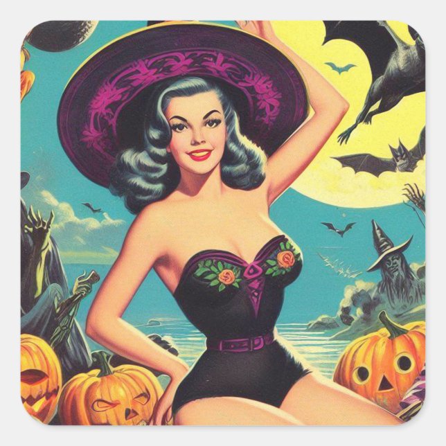 Vintage Halloween Witch Pin Up Square Sticker (Front)