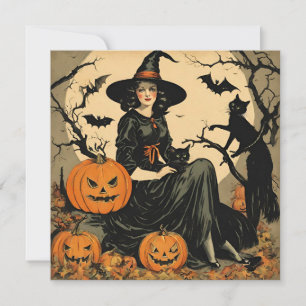 Vintage Halloween Witch, Pumpkin, Black Cat, Bats  Holiday Card