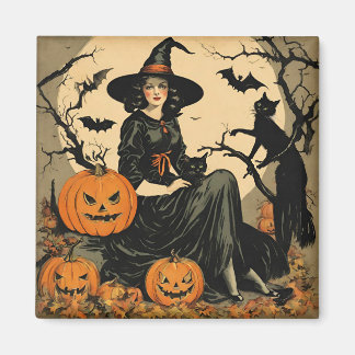 Vintage Halloween Witch, Pumpkin, Black Cat, Bats Magnet