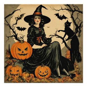 Vintage Halloween Witch, Pumpkin, Black Cat, Bats Poster