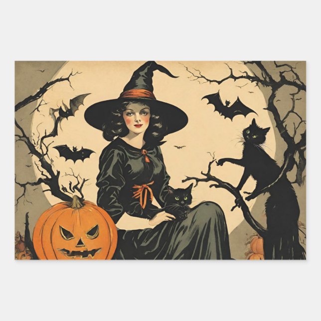 Vintage Halloween Witch, Pumpkin, Black Cat, Bats  Wrapping Paper Sheet (Front)