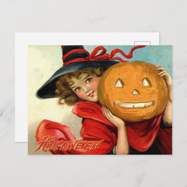 vintage Halloween witch pumpkin Holiday Postcard (Front/Back)