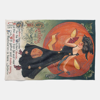 Vintage Halloween Witch & Pumpkins Tea Towel