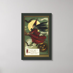 Vintage Halloween Witch Riding a Broom with Cat Canvas Print