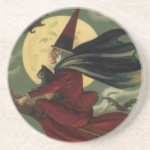 Vintage Halloween Witch Riding a Broom with Cat Coaster