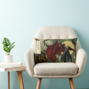 Vintage Halloween Witch Riding a Broom with Cat Lumbar Cushion